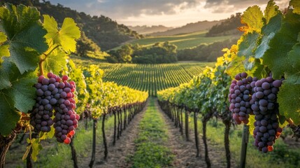 Aufkleber - Golden sunlight cascades over vibrant vineyard rows, where luscious grapes hang heavily, creating a breathtaking tableau of nature's bounty as day transitions to dusk