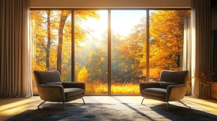 Poster - A cozy living room with two armchairs facing a large window, offering a stunning autumn view, bathed in warm sunlight.