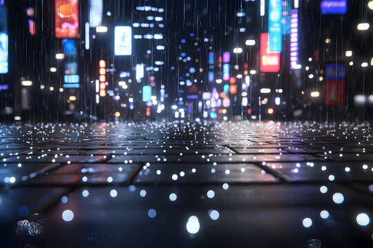 Rainy Neon City Night Street Scene