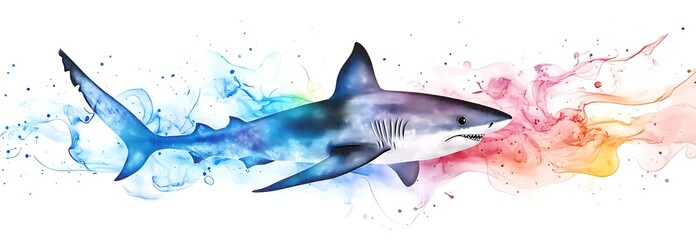 Poster - Colorful Shark Watercolor Painting with Rainbow Splash