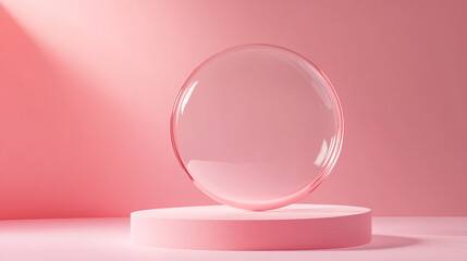 Poster - A clear glass sphere resting on a pink cylindrical platform against a pink backdrop with soft lighting