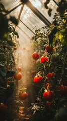 Poster - Vibrant red tomatoes dangle from lush green vines in a sunlit greenhouse. The golden afternoon light filters softly through the glass, creating a serene and warm atmosphere, perfect for growth
