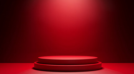 Poster - A red two tiered platform under a spotlight against a dark red background in a studio setting