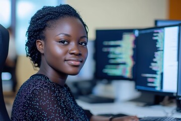 Fototapete - A young woman coding at her computer in a modern office setting during the day
