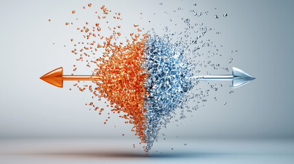 Fototapete - dynamic illustration of two opposing arrows made of particles, one orange and other blue, symbolizing contrast and energy. particles appear to be motion, creating sense of tension and balance