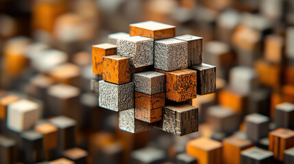 Aufkleber - cluster of metallic cubes with varying textures and colors, including rust and silver, floats above blurred background of similar cubes, creating futuristic and abstract scene