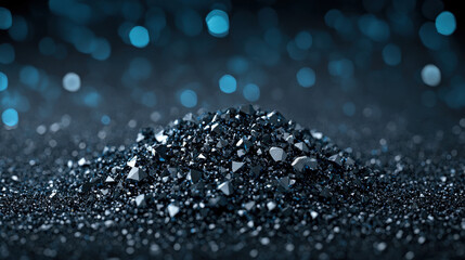Poster - pile of shiny black crystals is displayed against blurred blue bokeh background, creating sparkling and mysterious atmosphere. crystals are angular and reflect light beautifully