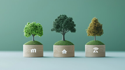 Aufkleber - Three small trees on wooden platforms symbolize sustainable living, with icons representing money, home, and connectivity. green background enhances eco friendly theme
