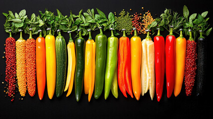 Poster - vibrant assortment of colorful vegetables, including peppers and cucumbers, is beautifully arranged on dark background, showcasing variety of fresh produce