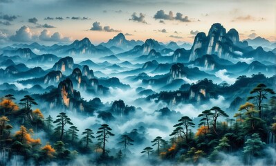 Poster - Misty mountain range at dusk, with layered peaks and valleys covered in fog. Trees are visible on the slopes beneath a colorful sky.