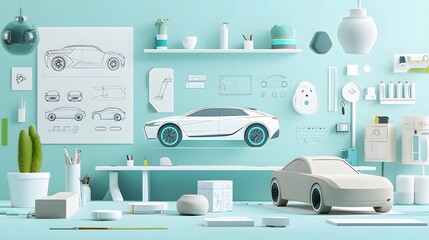 Poster - A modern minimalist workspace showcasing the creative process of an automotive designer featuring futuristic car sketches 3D model renderings and a clay prototype on display