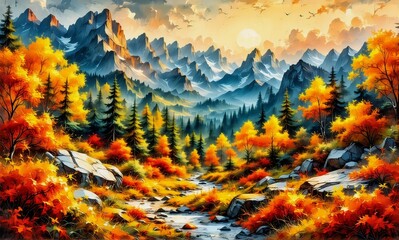 Leinwandbilder - Vibrant autumnal mountains scene. Golden and orange trees line a river leading to majestic peaks under a sunny sky.