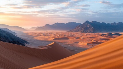 Aufkleber - Golden dunes stretch endlessly beneath a vibrant sky as the sun sets, illuminating the arid terrain. Distant mountain silhouettes enhance the breathtaking beauty of this serene desert landscape