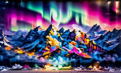 Aufkleber - Colorful aurora borealis dances above snow-capped mountains, illuminating the landscape with vibrant hues. A majestic and serene scene unfolds.