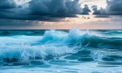 Poster - Powerful ocean waves crash with white foam under a dramatic, cloudy sky at the horizon. Blue and white hues dominate this dynamic seascape.