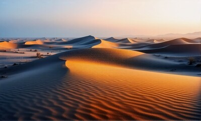 Poster - Golden hour bathes vast sand dunes in warm light, creating dramatic shadows across the rippled landscape under a clear sky.
