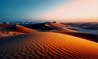 Poster - Golden sand dunes ripple across a vast desert under a gradient sky at sunset. Warm light and shadows create depth in the tranquil landscape.