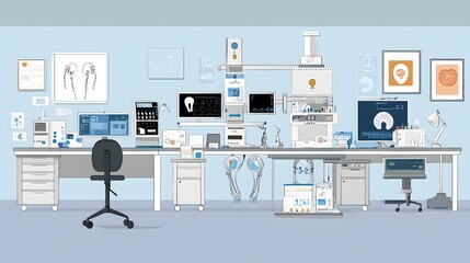 Fototapete - A modern well equipped biomedical engineering laboratory featuring various medical technologies including prosthetic organs and 3D printed implants for research and development