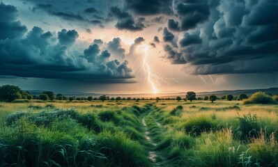 Poster - A dramatic landscape under a stormy sky as lightning illuminates a field with a path leading towards the horizon and distant trees.