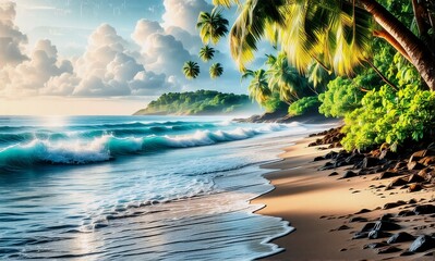 Poster - A tropical beach with palm trees and lush green vegetation meets the ocean waves under a bright cloudy sky on a sunny day.