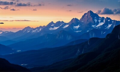 Poster - Majestic snow-capped mountain peaks reach towards a colorful sunset sky.  Layered mountain ranges create a dramatic and scenic vista in a tranquil outdoor environment.