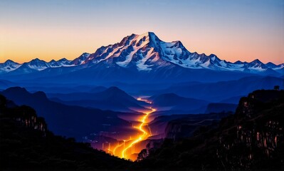 Poster - A snow-capped mountain peak dominates a twilight sky, casting a shadow on the valley. A golden river meanders through the dark landscape below, creating a stunning and serene scene.