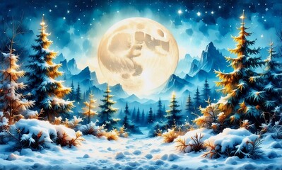 Aufkleber - A serene winter night landscape features snow-covered fir trees under a bright full moon. Distant mountains are silhouetted against the blue night sky. A peaceful and cold scenery.