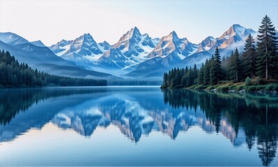 Poster - Majestic snow-capped mountains mirroring perfectly in a tranquil lake surrounded by evergreen forest under a clear sky. A peaceful nature scene.