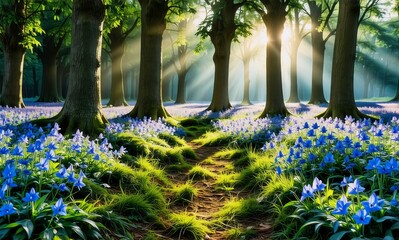 Poster - Sunlight filters through tall trees onto a path covered in lush green grass and vibrant blue flowers, creating a serene and enchanting woodland scene.