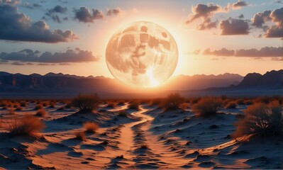 Poster - A large, luminous moon dominates the horizon over a serene desert scene.  Warm sunlight illuminates the sandy dunes and distant mountains under a cloudy sky at dusk or dawn.