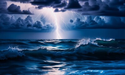 Poster - Dramatic lightning illuminates a turbulent ocean as waves crash under a dark, cloudy sky. The powerful storm creates a dynamic and intense seascape scene.