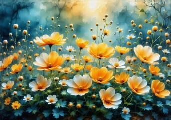 Poster - A serene garden view featuring white and yellow flowers in full bloom, bathed in soft, glowing light, creating a peaceful and dreamy nature scene.