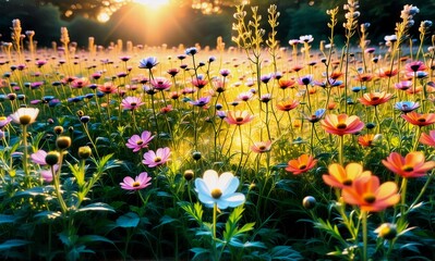 Poster - A vibrant field of wildflowers basks in the warm glow of the setting sun. Colorful blossoms and lush green foliage create a peaceful nature scene.