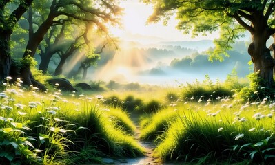 Poster - Sunlight streams through trees in a lush forest clearing, illuminating a path and a field of white flowers. Mist hangs in the distance, creating a serene and idyllic scene.