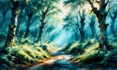 Poster - Enchanting forest path bathed in ethereal sunlight. Lush greenery and tall trees create a serene and magical atmosphere. Nature's beauty shines through.