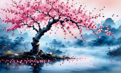 Poster - Pink cherry blossoms tree reflects in serene water, misty mountains and trees in background create peaceful, scenic landscape.
