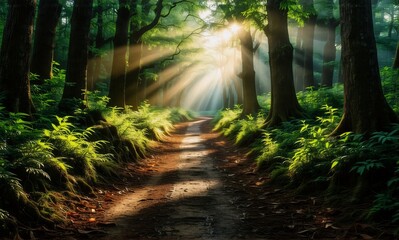 Leinwandbilder - A sunlit pathway winds through a lush green forest, with radiant light filtering through the tall trees creating shadows on the ground. Nature's beauty and tranquility.
