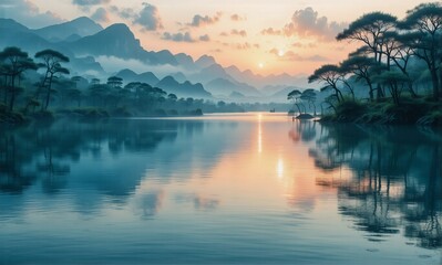 Poster - Tranquil scenery featuring misty mountains reflecting in calm water at sunset. Trees line the shore under a colorful pastel sky, creating a peaceful natural landscape.
