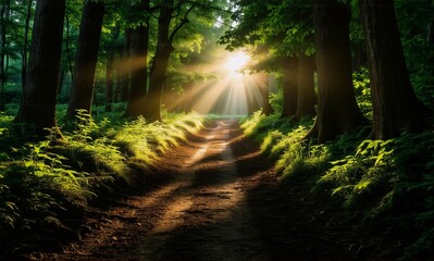 Poster - A sunlit path winds through a dense forest, with rays of light filtering through the tall trees. Lush green foliage surrounds the path creating a tranquil natural scene.