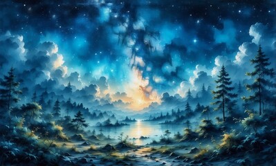 Poster - Tranquil night scene. Silhouetted forest meets calm water reflecting a starry, cloudy sky. A soft horizon glow adds to the peaceful, mysterious atmosphere.