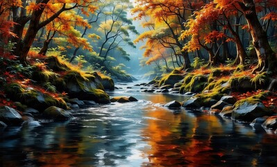 Poster - A vibrant autumn forest with colorful trees casting reflections on the clear river flowing through. Sunlight filters through foliage, illuminating the serene and picturesque landscape.