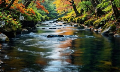 Poster - A river winds through an autumnal forest, reflecting the vibrant fall foliage of orange, yellow, and green trees lining the banks. Sunlight illuminates the tranquil scene.