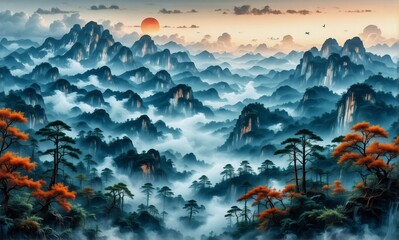 Poster - Vibrant mountain landscape with layers of misty peaks silhouetted against a colorful sky. Trees with autumn foliage stand in the foreground as the sun illuminates the scene.