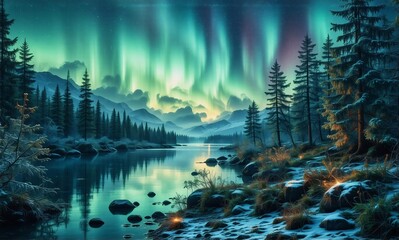 Poster - A tranquil winter landscape featuring the vibrant aurora borealis painting the night sky above a serene river winding through a forest and majestic mountains.
