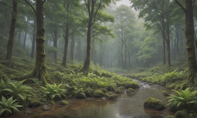 Leinwandbilder - A serene forest with lush green foliage and tall trees. A gentle stream flows through the mossy undergrowth in a peaceful, misty, natural setting.