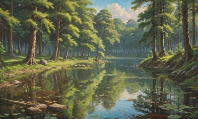 Poster - Sunlight filters through trees in a forest river scene. Reflections on the water create a peaceful and serene natural landscape.