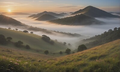 Aufkleber - Serene mountain scenery at daybreak with a valley filled with soft fog. Gentle sunlight illuminates the green hills and trees above the misty blanket.