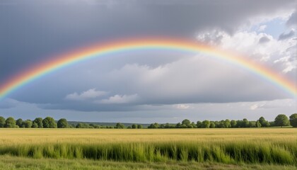 Poster - A vibrant rainbow arcs gracefully above a golden field, contrasting with the dramatic cloudy sky.  Green trees line the horizon creating a peaceful landscape after a storm.