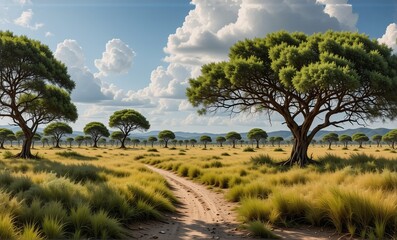 Poster - A dirt path winds through a vast savanna with scattered trees under a blue sky filled with fluffy white clouds in a dry, grassy landscape.