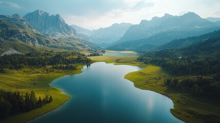 Poster - Vibrant green meadows and shimmering lakes reflect towering mountains under a soft, warm sky. This breathtaking view invites adventure and exploration of untouched wilderness